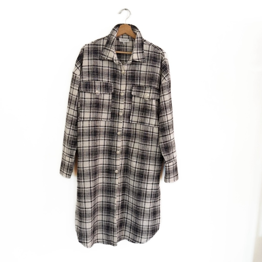 Acoa Tweed Long Shacket Shirt Jacket Duster Womens Medium Black White